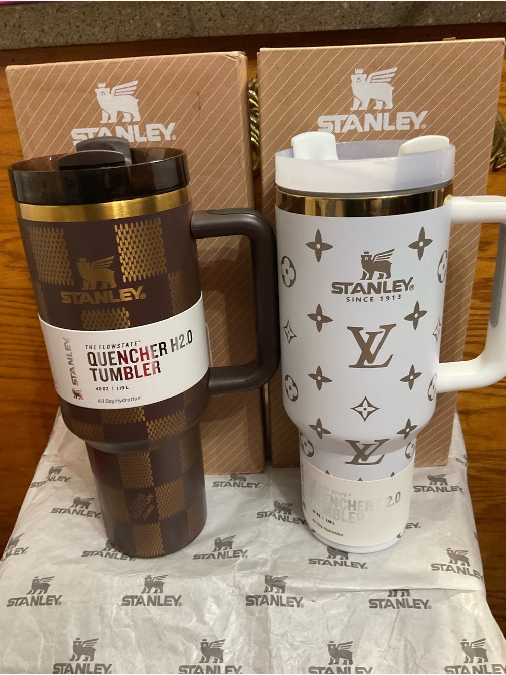 Stanley Brown and White Insulated Quencher Tumblers with Gold Trim